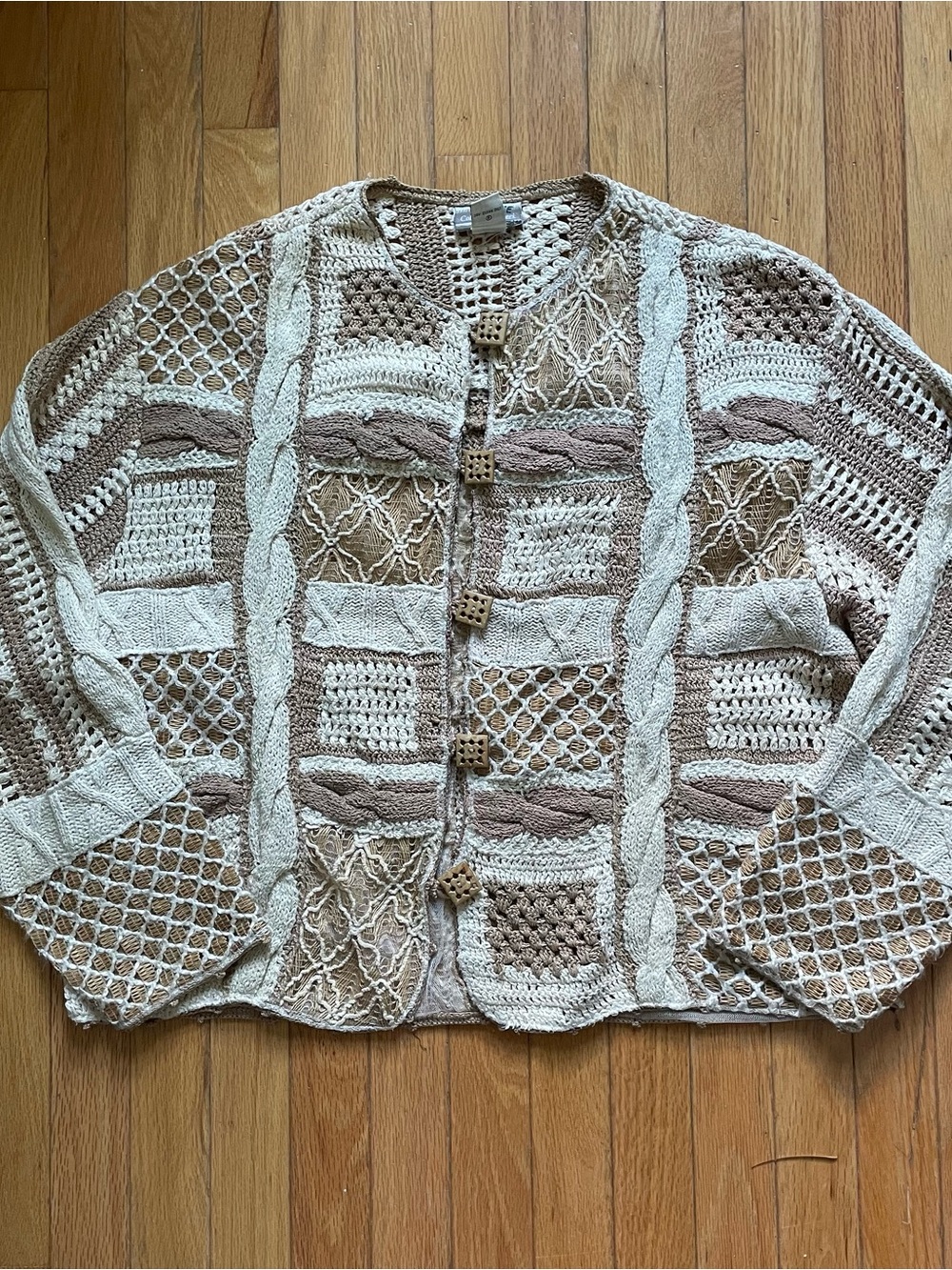 Vintage Beige Cottagecore Patchwork Knit Crochet Cardigan Size L Granny